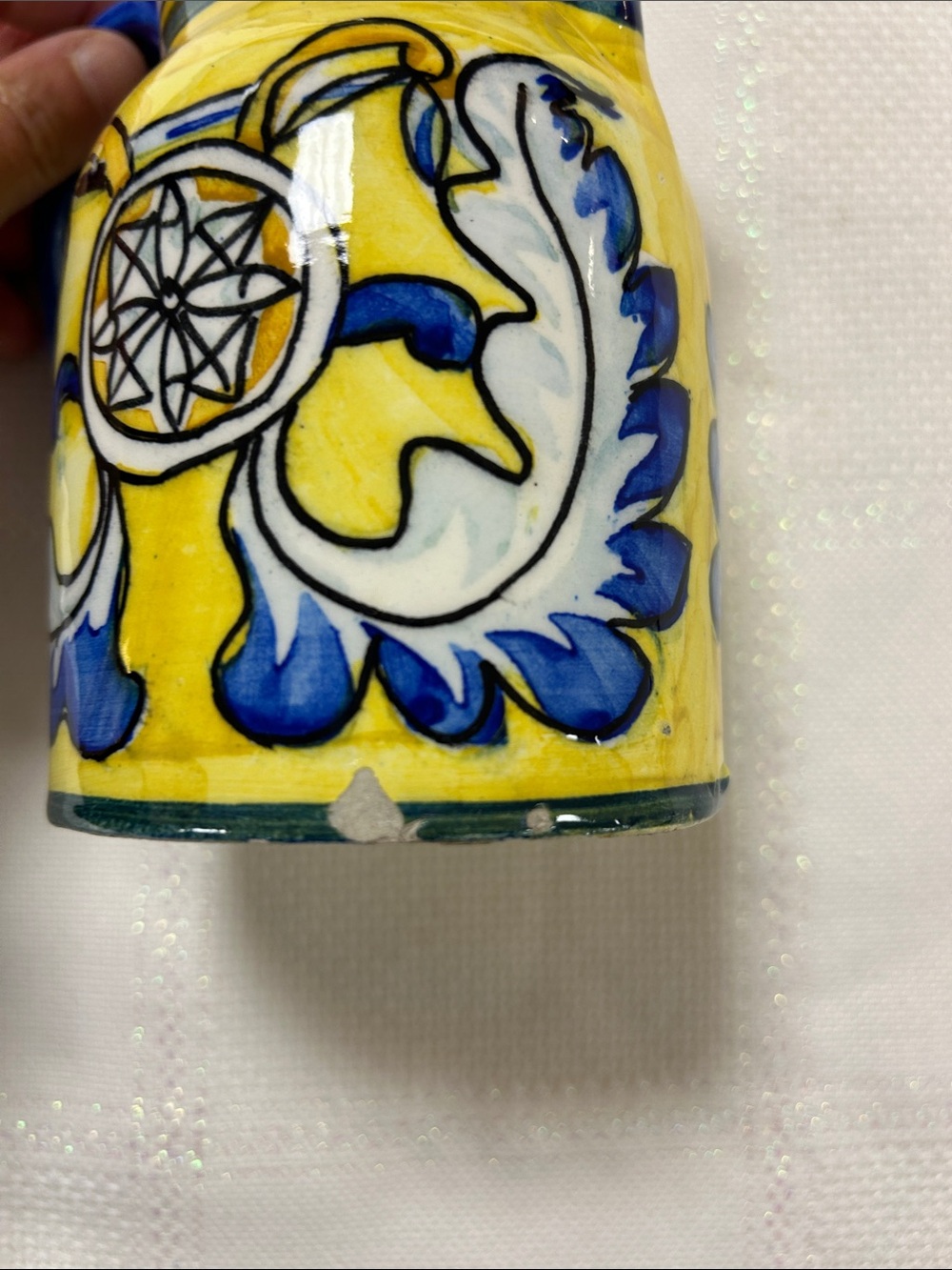 Hand-Painted Yellow and Blue Ceramic Pitcher - Decorative Home Art image 3